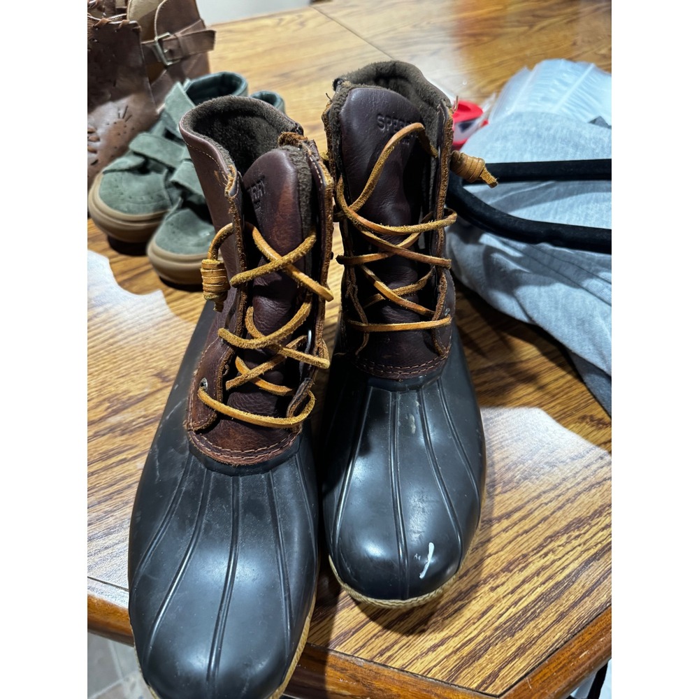 Sperry Saltwater Duck Boots Womens 8 Brown Navy Leather‎ Waterproof STS91176